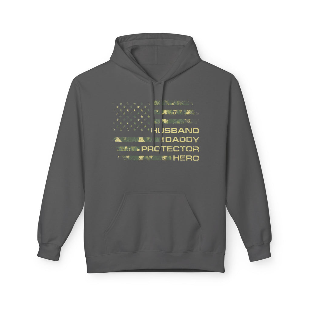 Veteran Tribute Flag Hoodie – 'Husband Daddy Protector Hero' Camouflage Pullover