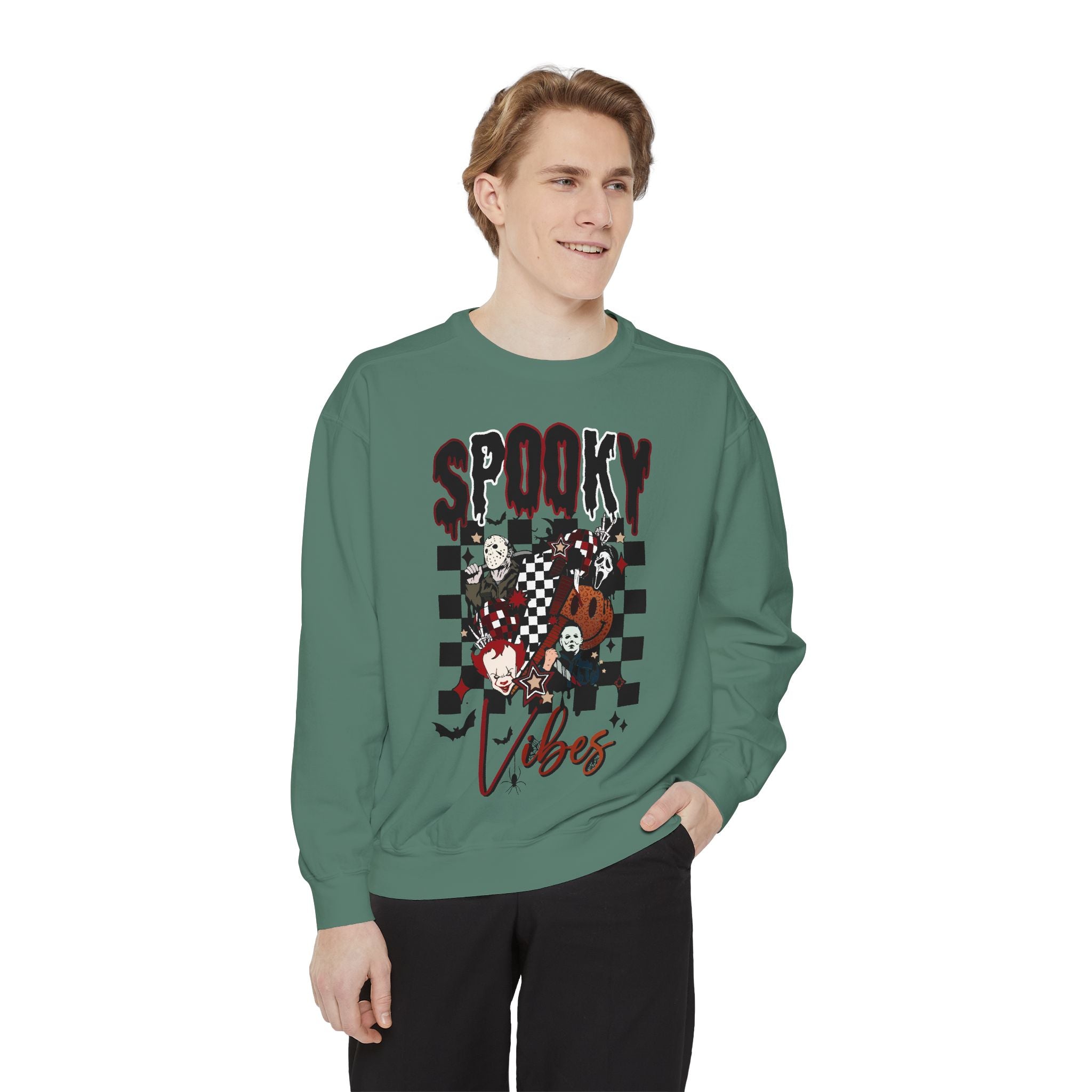Spooky Vibes Sweatshirt — Halloween Retro Checkerboard Graphic