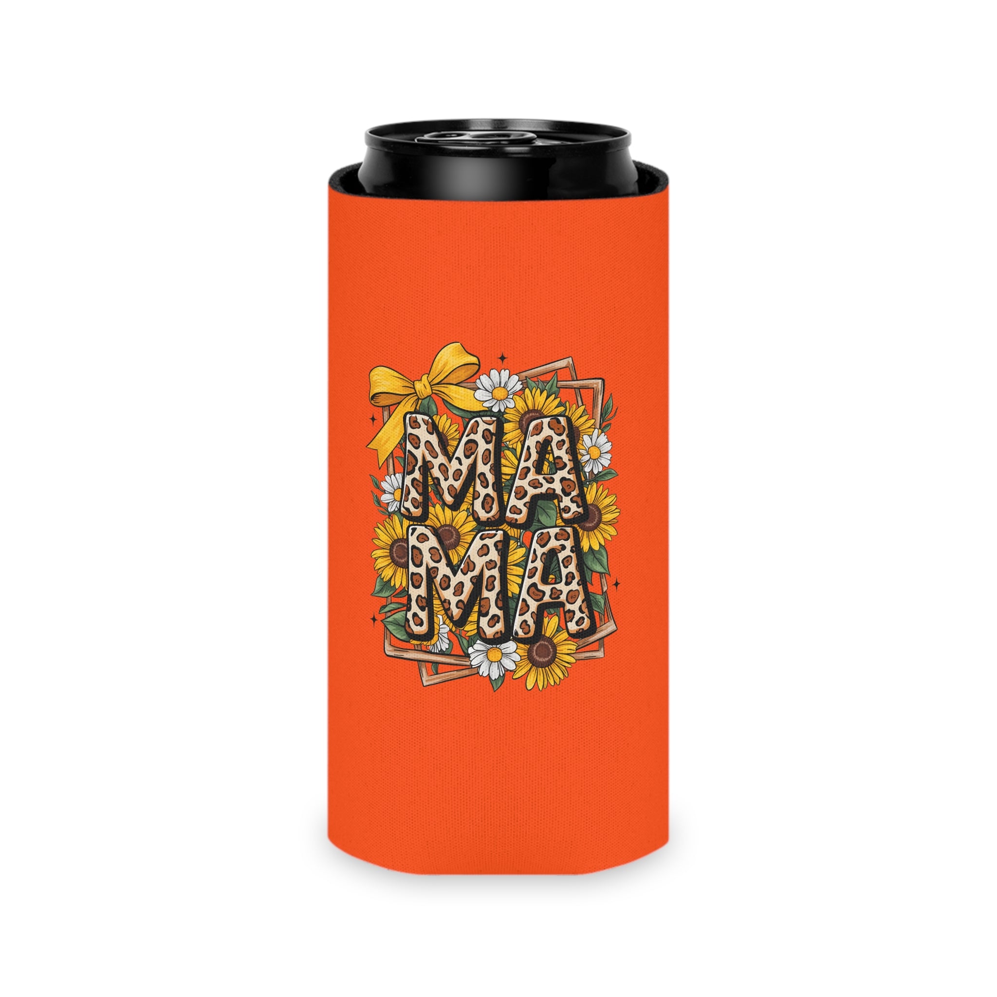 Mama Leopard Floral Can Cooler – Orange Insulated Beer Koozie for Mom, Mother’s Day Gift