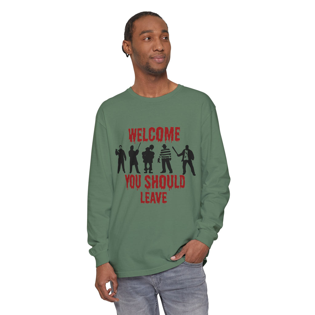 Welcome You Should Leave Long Sleeve T-Shirt — Horror Movie Silhouette Tee