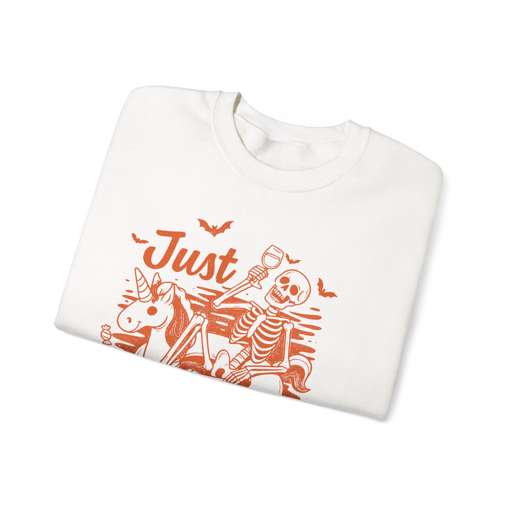 Halloween Sweatshirt — "Just Waiting for Halloween" Skeleton Unicorn Crewneck