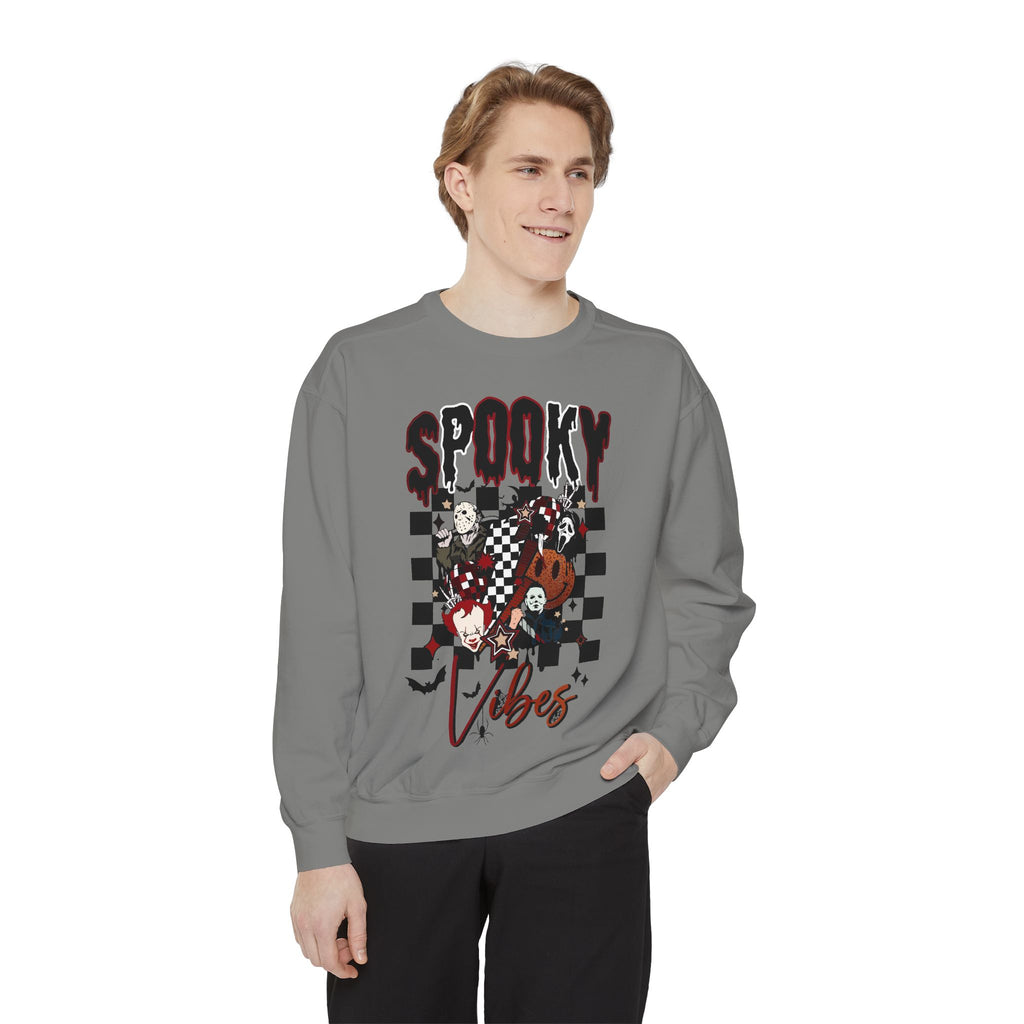 Spooky Vibes Sweatshirt — Halloween Retro Checkerboard Graphic