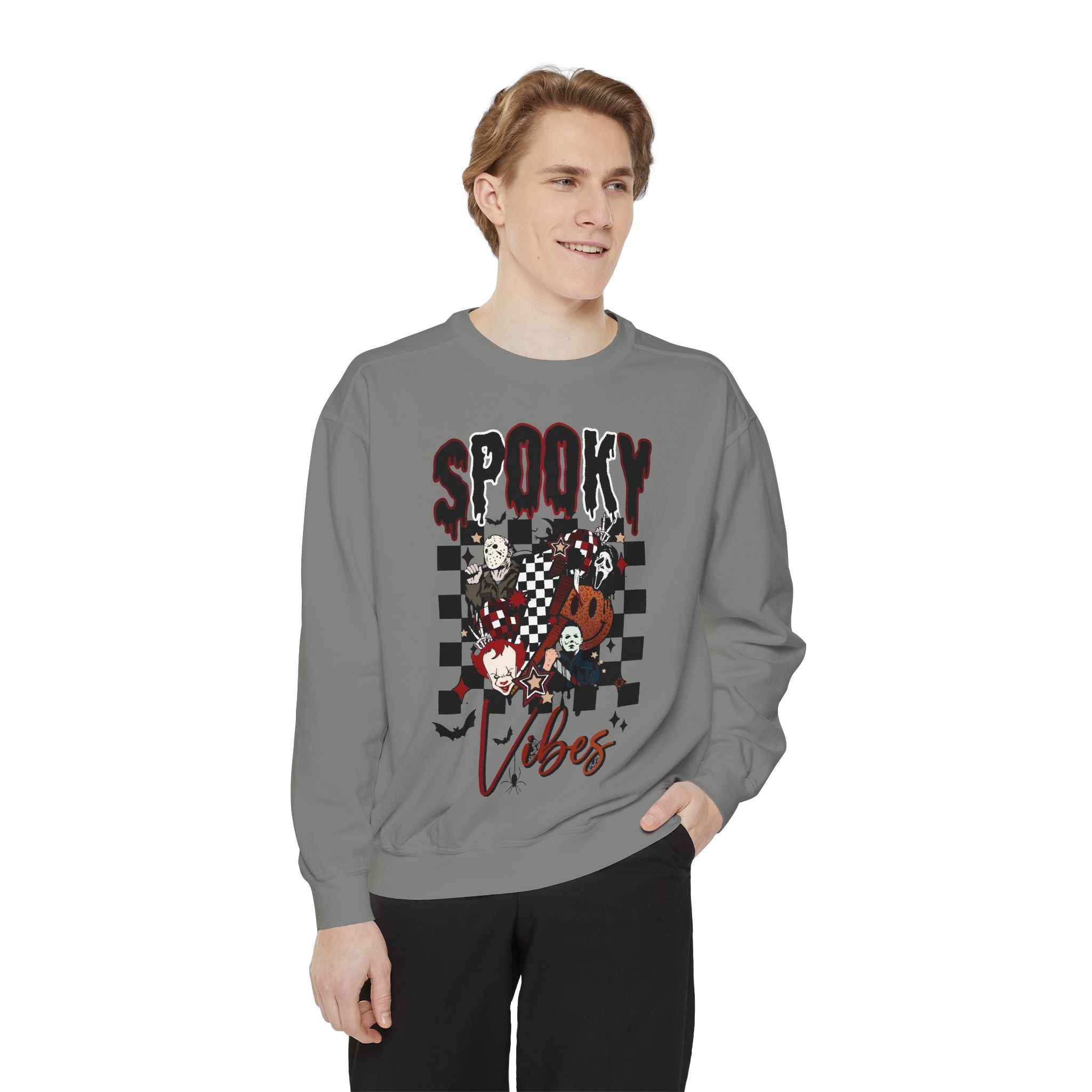 Spooky Vibes Sweatshirt — Halloween Retro Checkerboard Graphic