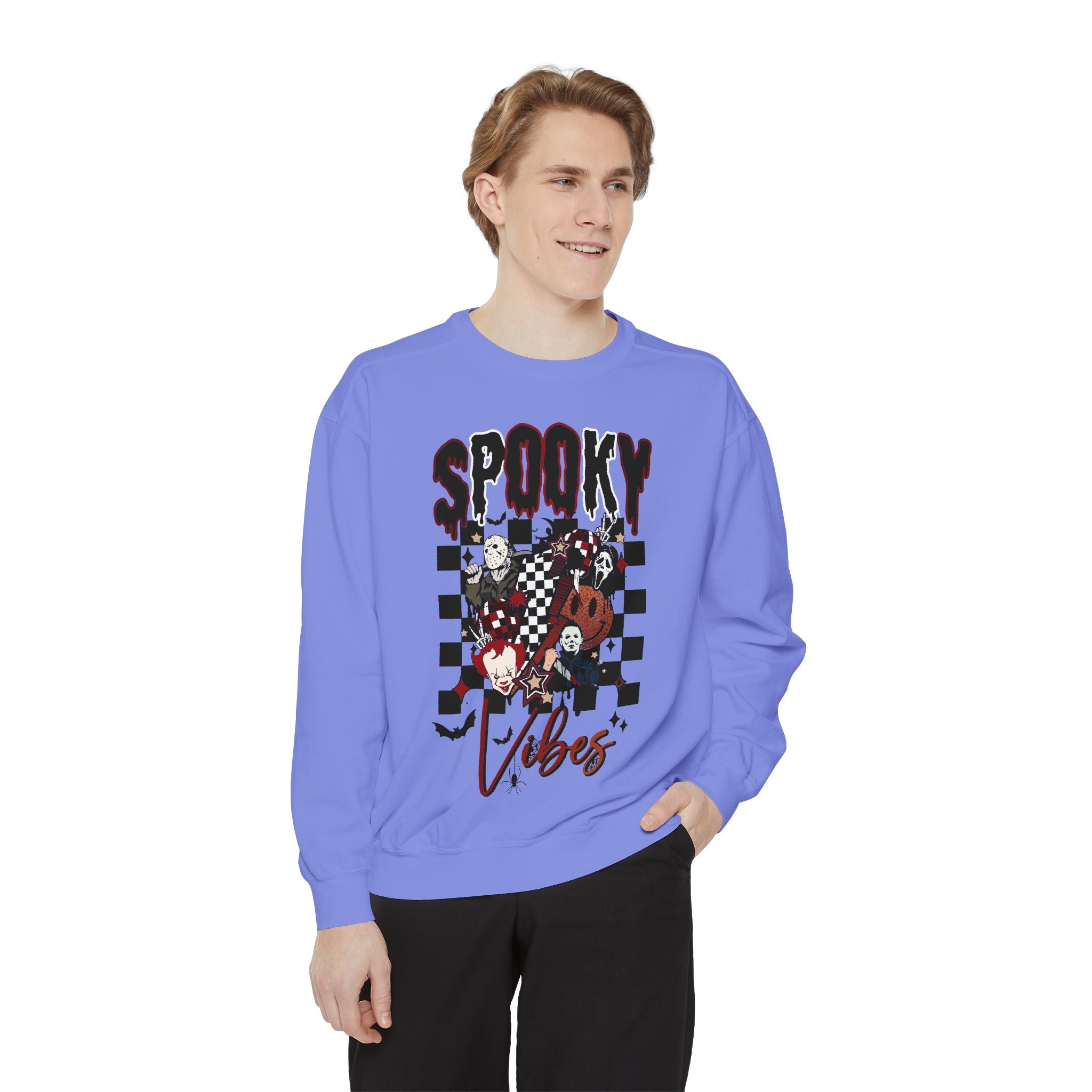 Spooky Vibes Sweatshirt — Halloween Retro Checkerboard Graphic