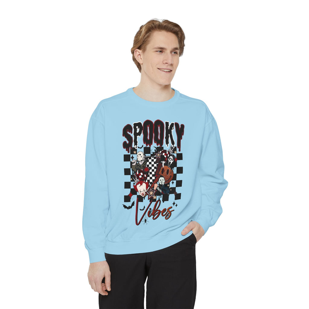 Spooky Vibes Sweatshirt — Halloween Retro Checkerboard Graphic