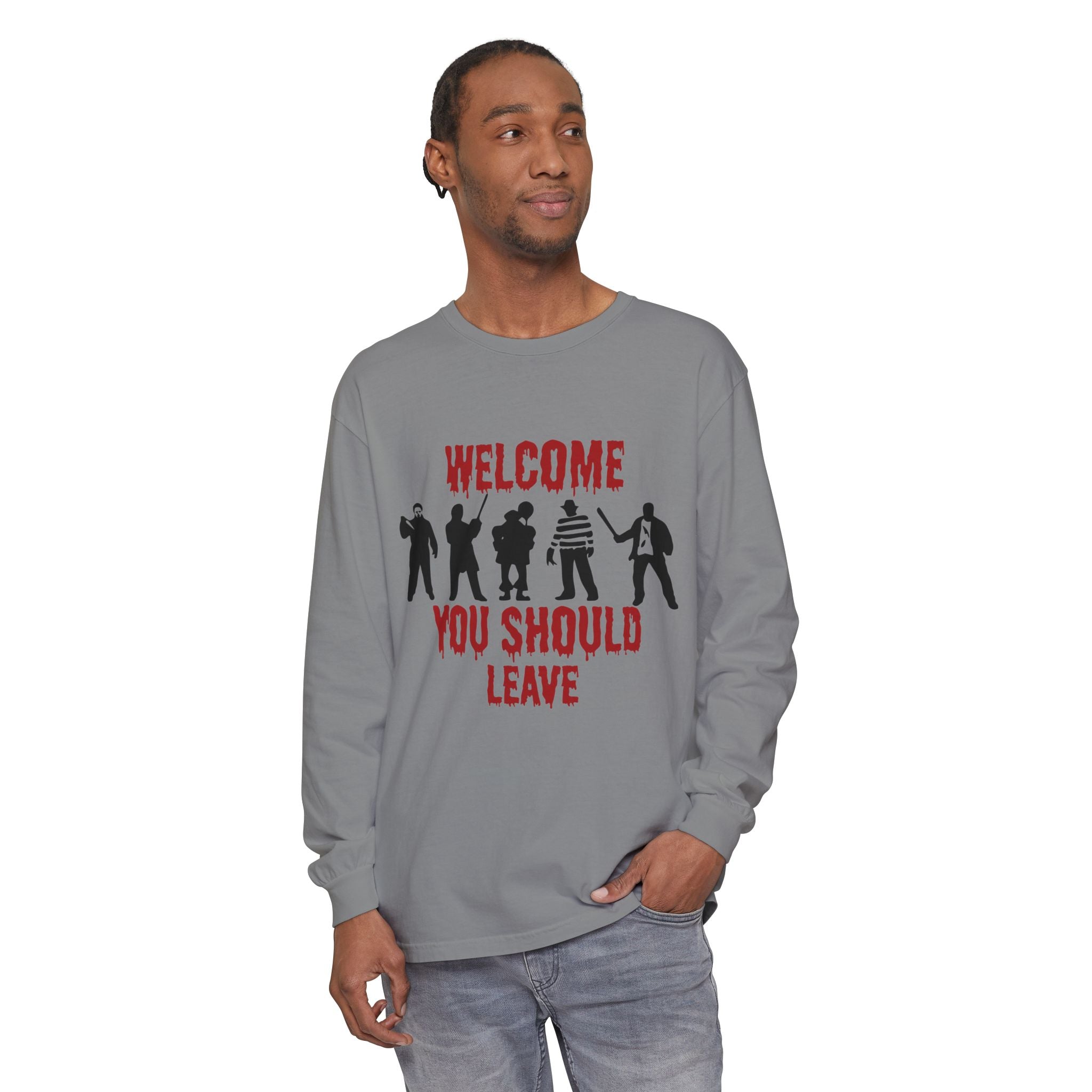 Welcome You Should Leave Long Sleeve T-Shirt — Horror Movie Silhouette Tee