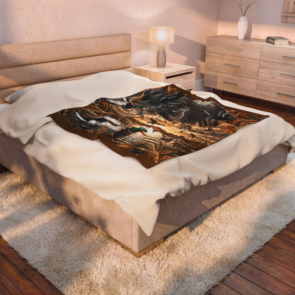 Duck Hunting Labrador Velveteen Plush Blanket — Cozy Waterfowl Scene for Hunters & Dog Lovers