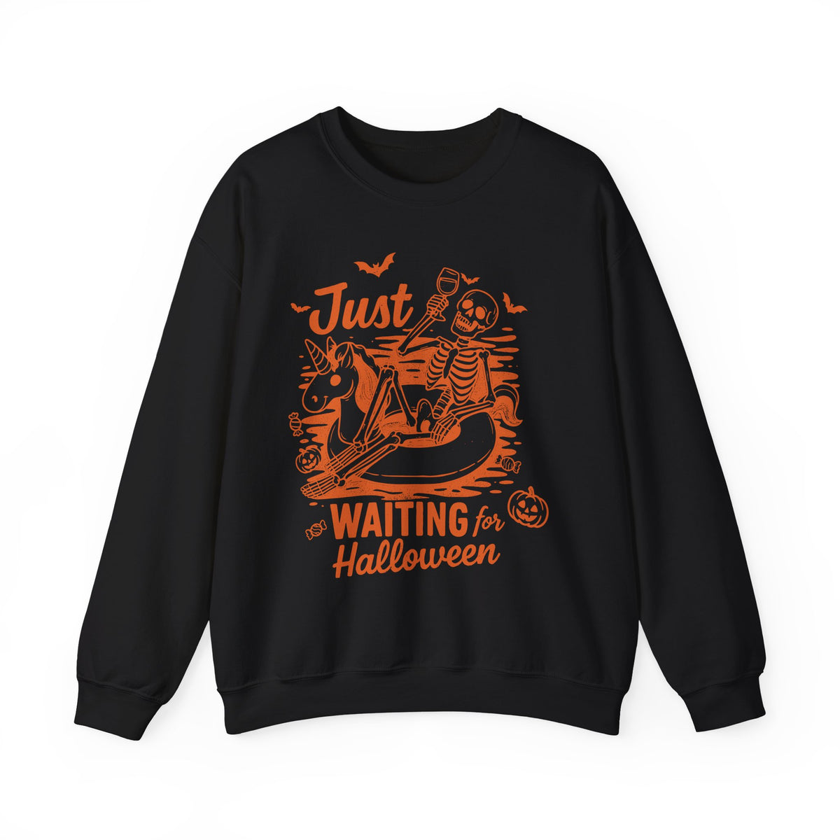 Halloween Sweatshirt — "Just Waiting for Halloween" Skeleton Unicorn Crewneck