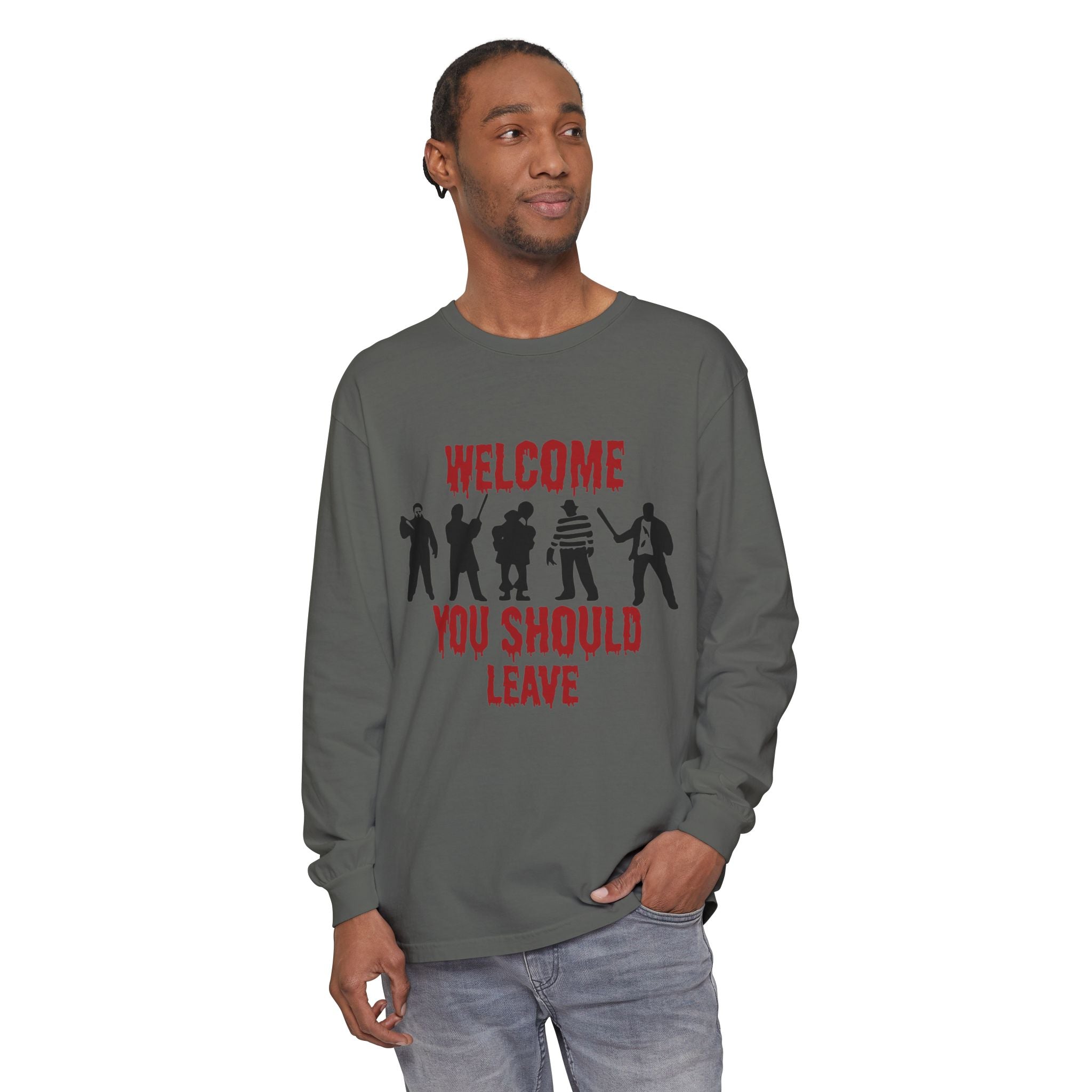Welcome You Should Leave Long Sleeve T-Shirt — Horror Movie Silhouette Tee