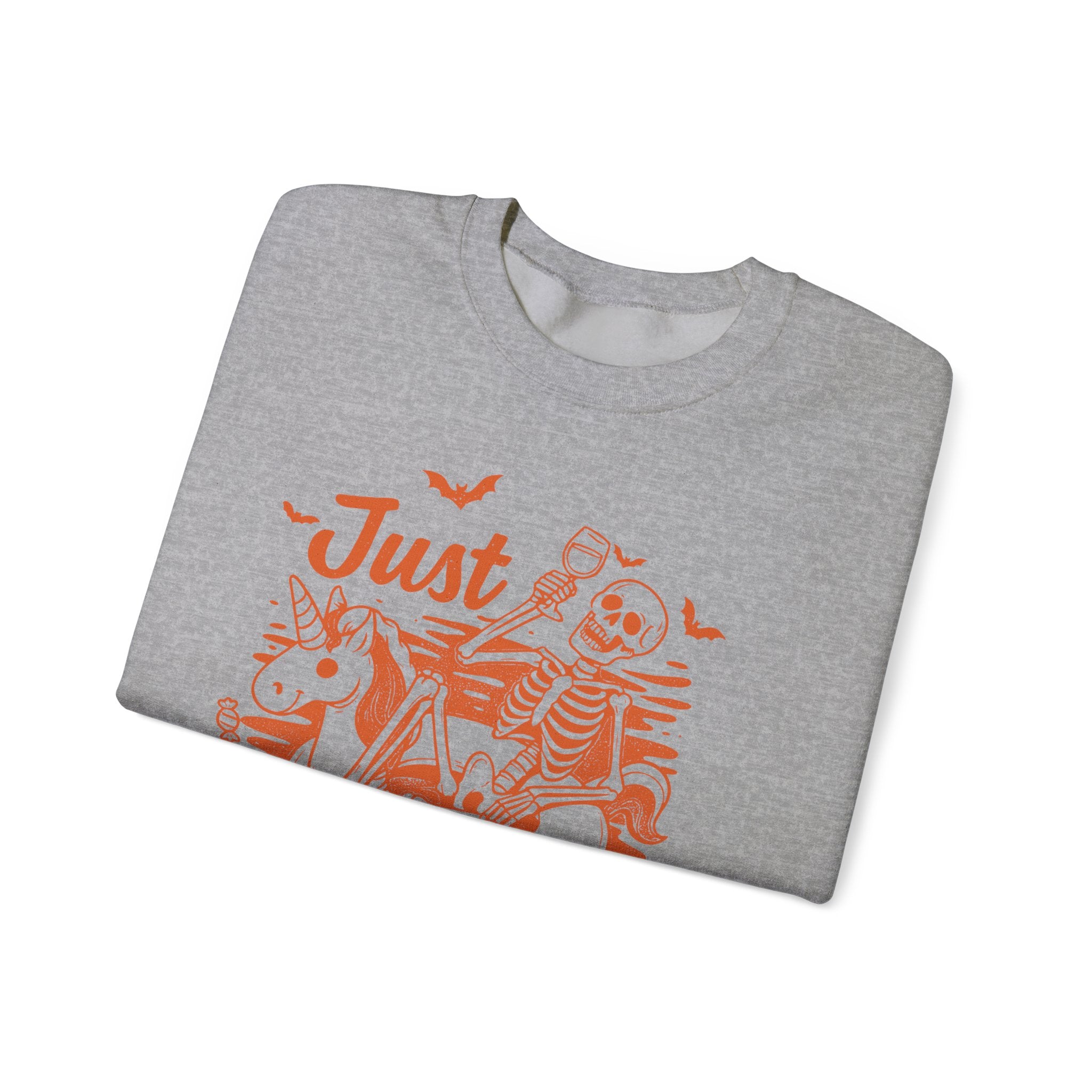Halloween Sweatshirt — "Just Waiting for Halloween" Skeleton Unicorn Crewneck