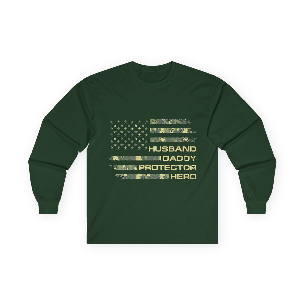 American Flag Camouflage 'Husband Daddy Protector Hero' Long Sleeve Tee