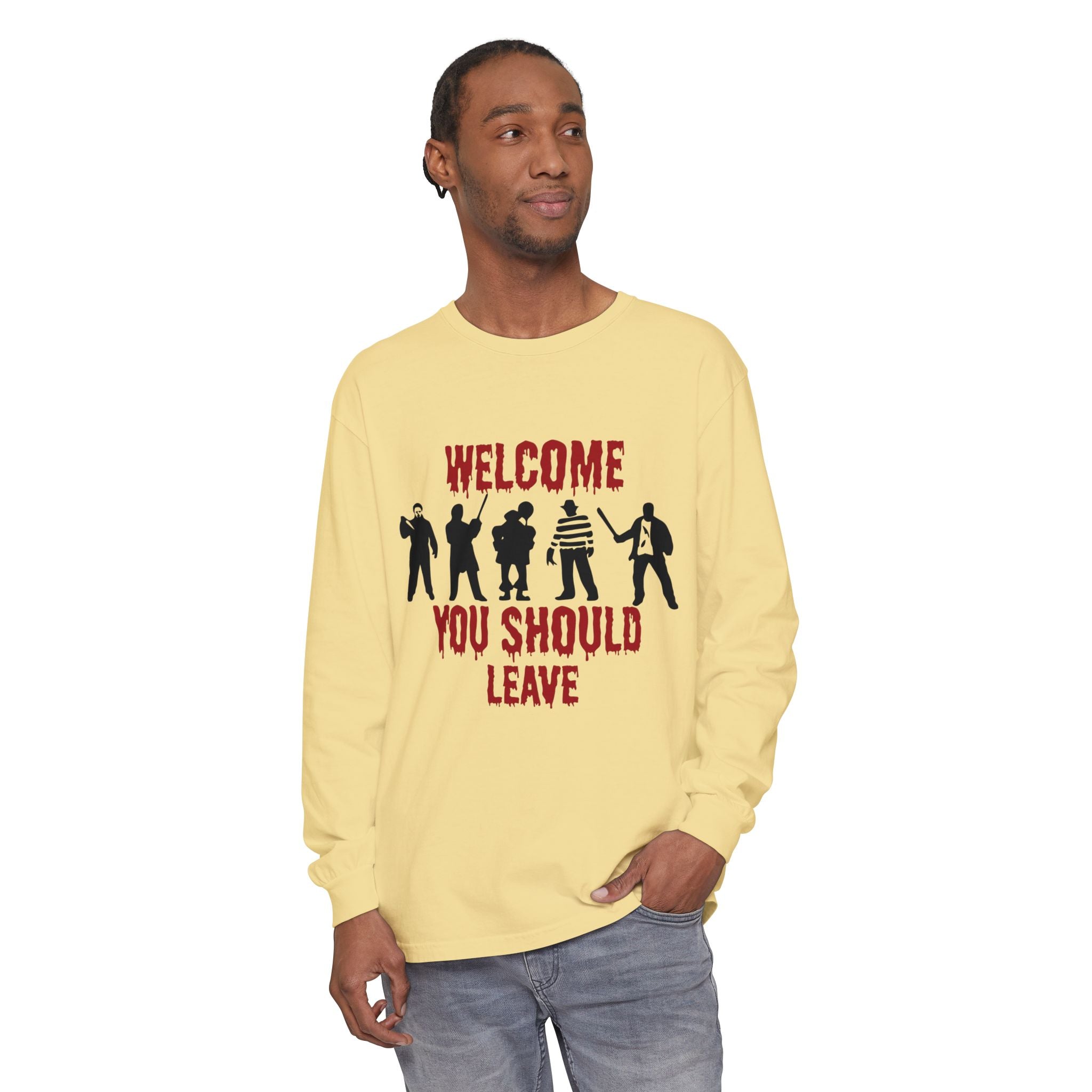 Welcome You Should Leave Long Sleeve T-Shirt — Horror Movie Silhouette Tee