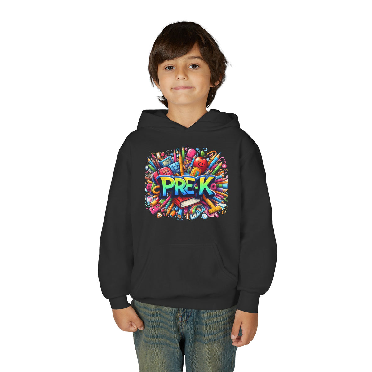 Pre-K Kids Hoodie - Colorful School Supplies Design, Preschool Back-to-School Sweatshirt