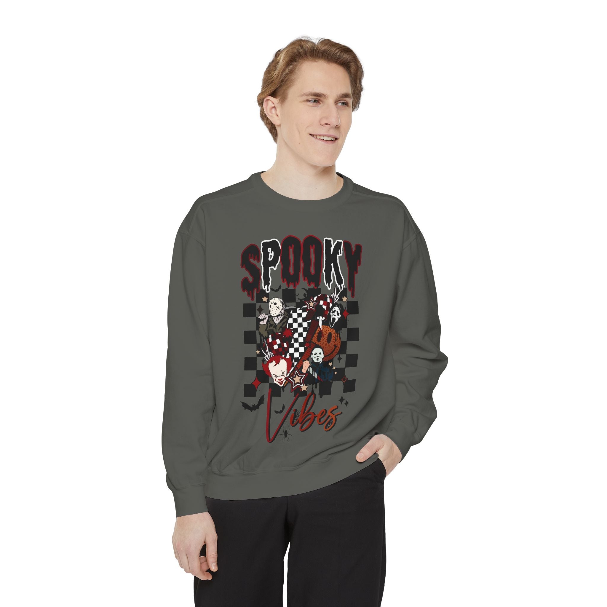 Spooky Vibes Sweatshirt — Halloween Retro Checkerboard Graphic