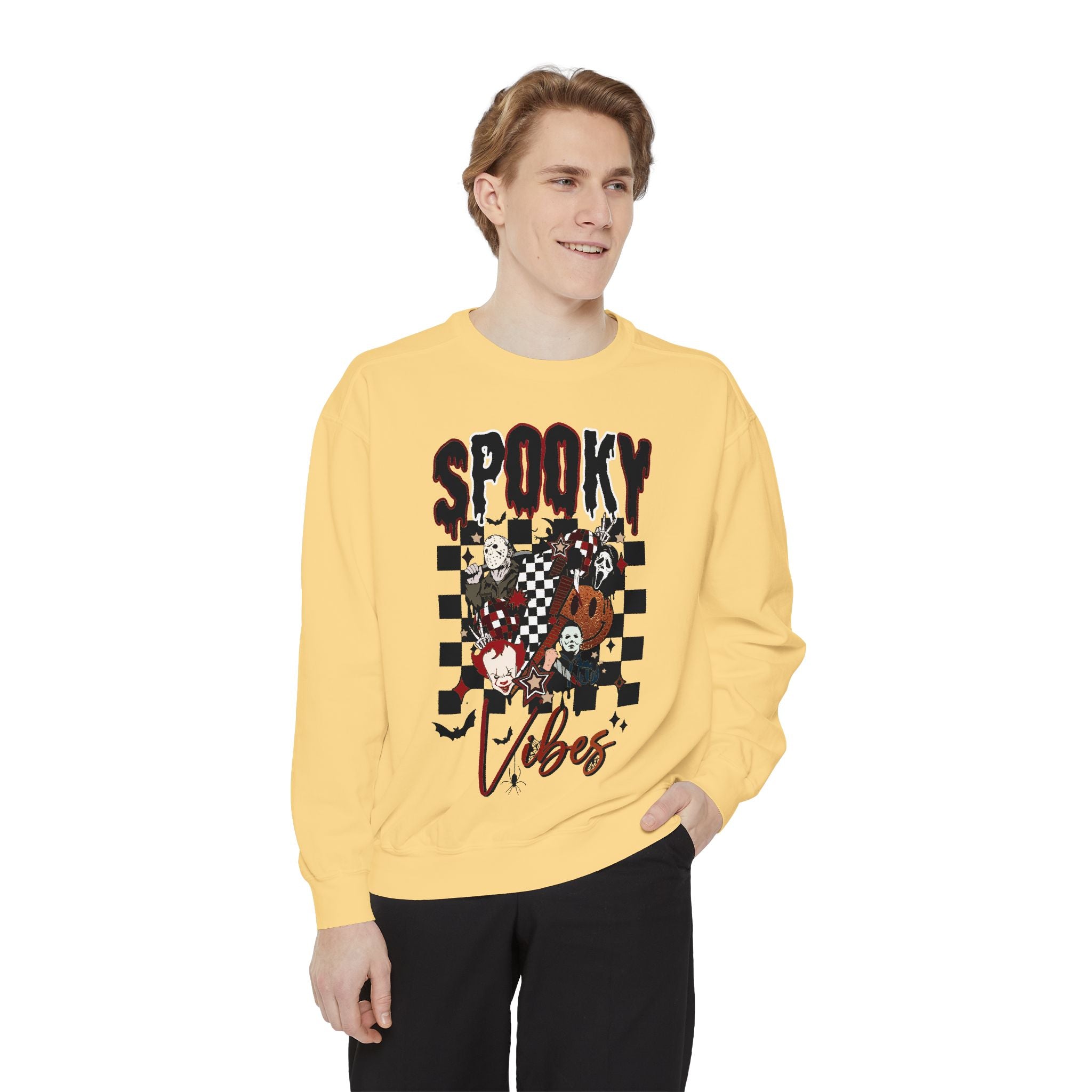 Spooky Vibes Sweatshirt — Halloween Retro Checkerboard Graphic