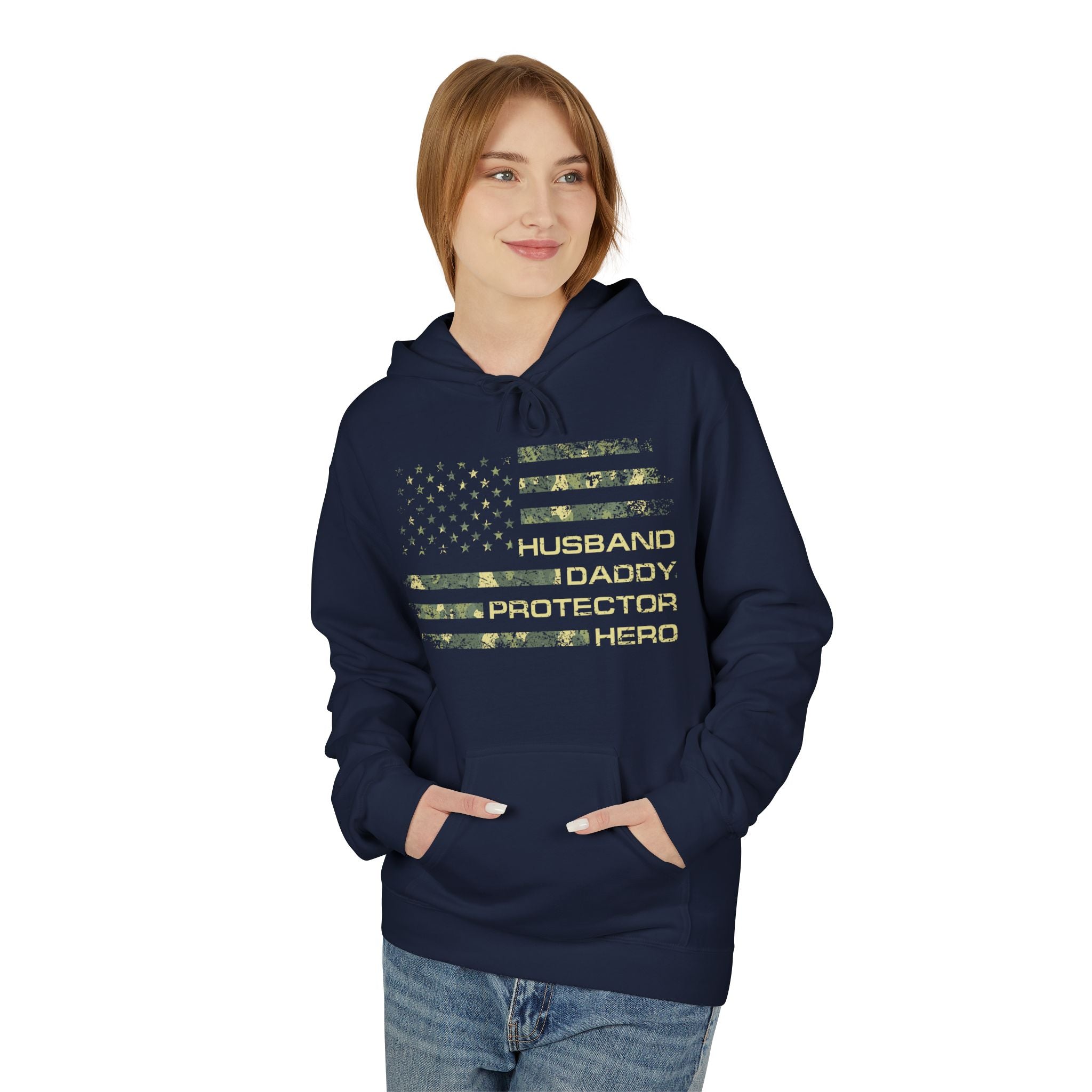 Veteran Tribute Flag Hoodie – 'Husband Daddy Protector Hero' Camouflage Pullover