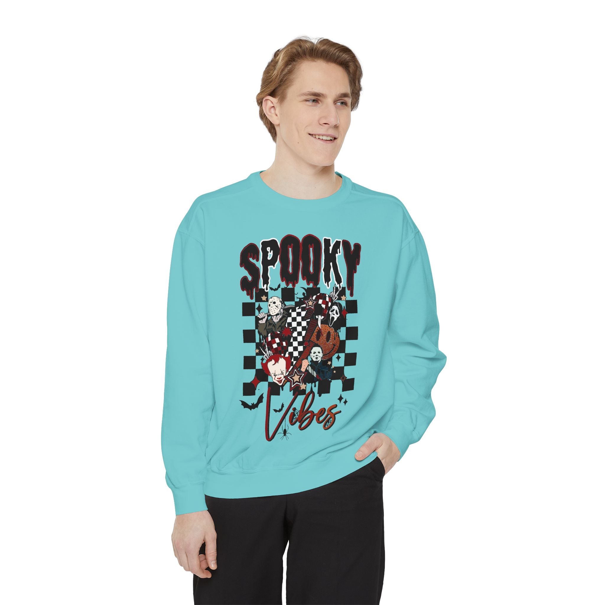 Spooky Vibes Sweatshirt — Halloween Retro Checkerboard Graphic