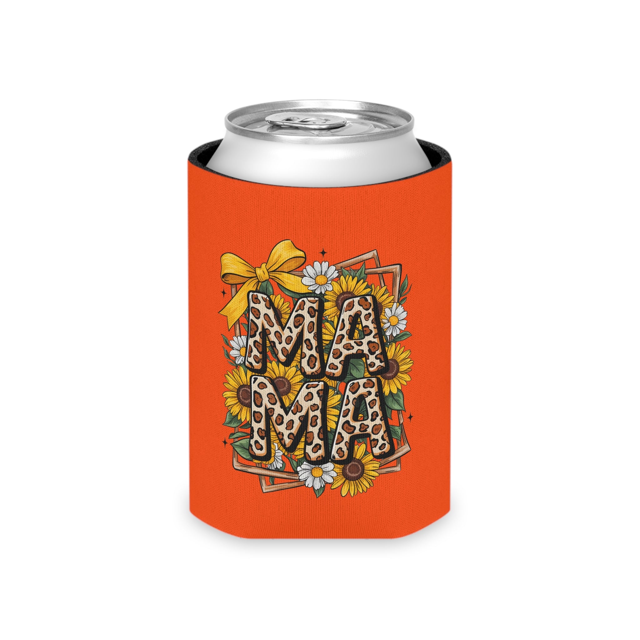 Mama Leopard Floral Can Cooler – Orange Insulated Beer Koozie for Mom, Mother’s Day Gift