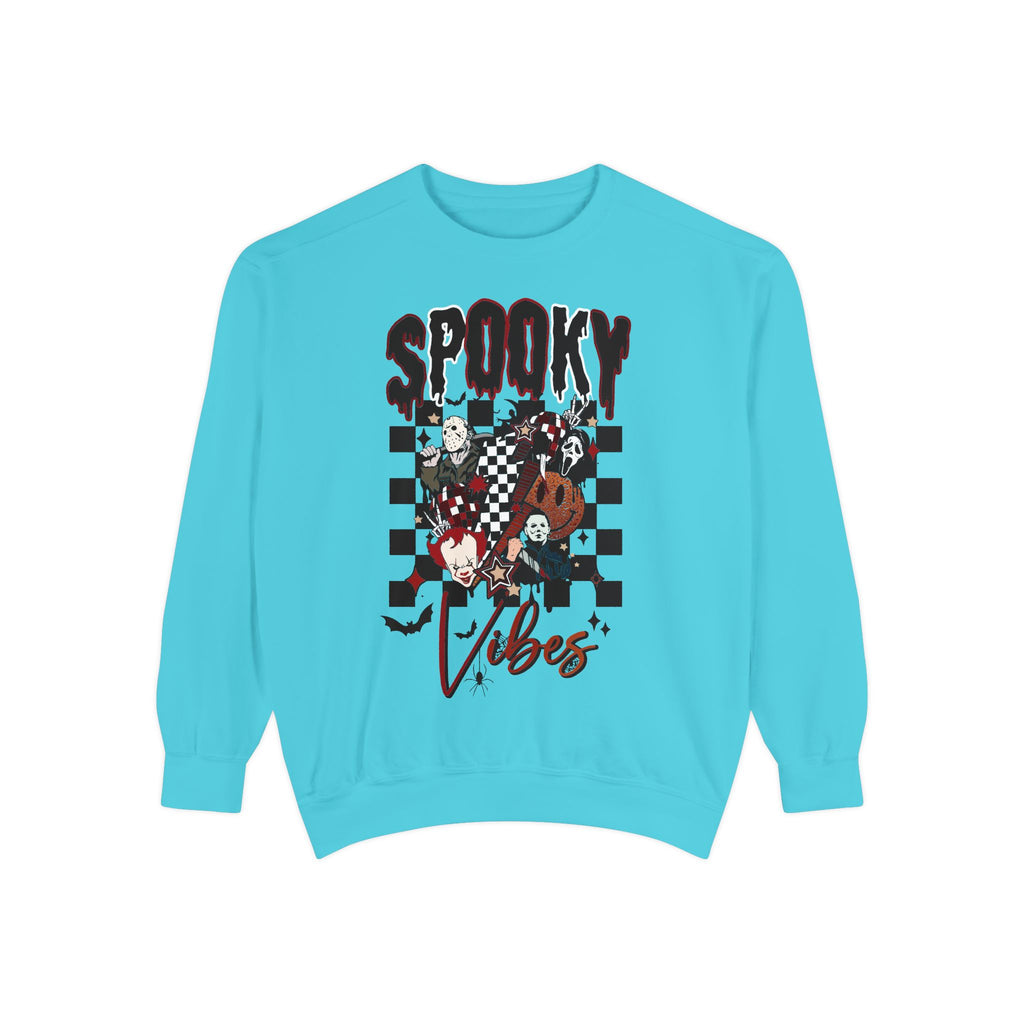 Spooky Vibes Sweatshirt — Halloween Retro Checkerboard Graphic