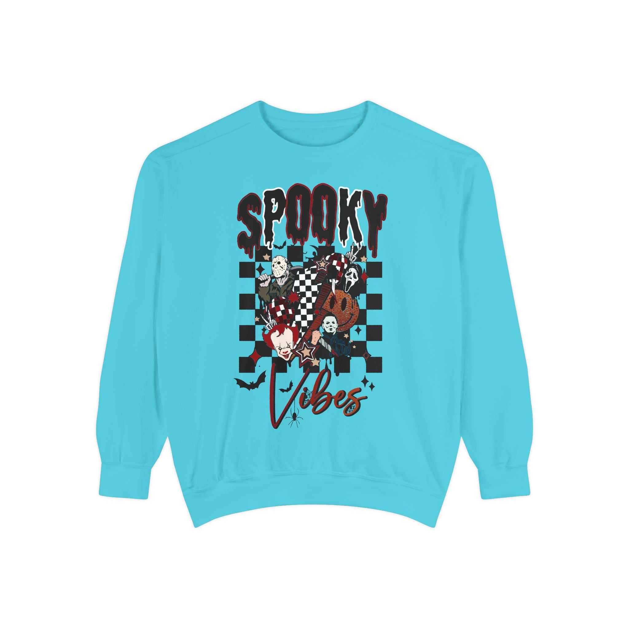 Spooky Vibes Sweatshirt — Halloween Retro Checkerboard Graphic