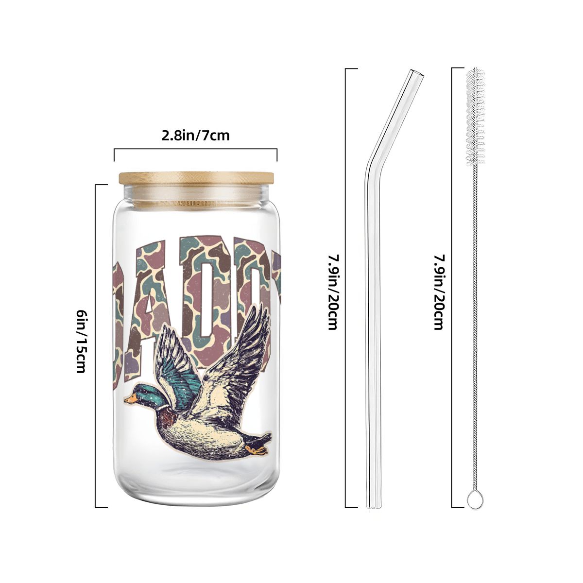 Glass Tumbler with Straw  Bamboo Lid  (16oz) Mama Hunting Dad Deer Camouflage Camo Waterfowl Deer Camo Men TShirt Mallard Duck Hunting Dad Retro Camouflage Daddy Father's Day TShirt