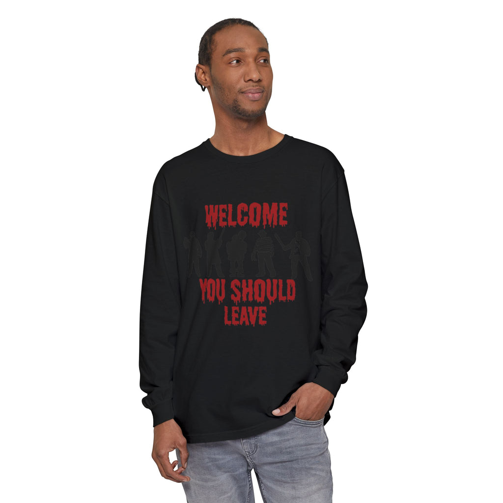 Welcome You Should Leave Long Sleeve T-Shirt — Horror Movie Silhouette Tee