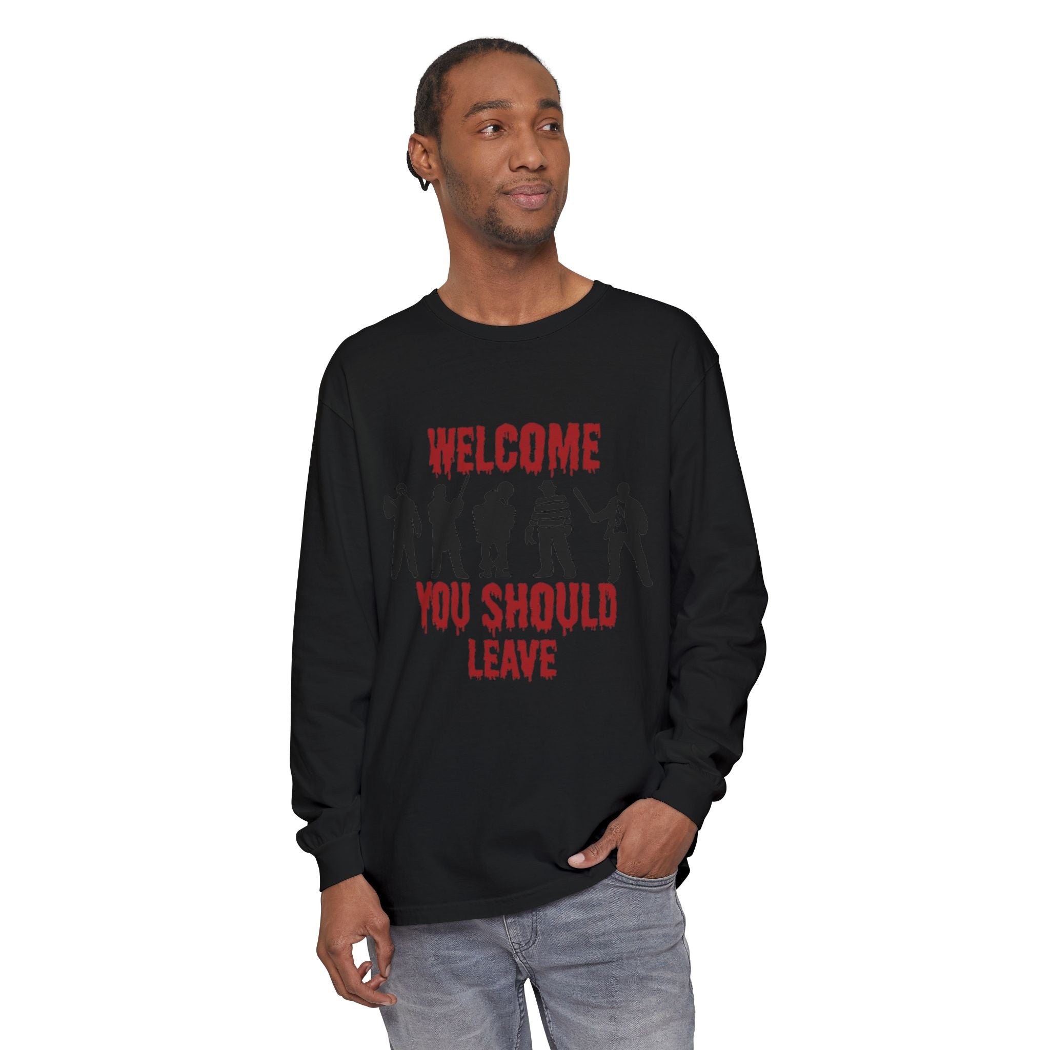 Welcome You Should Leave Long Sleeve T-Shirt — Horror Movie Silhouette Tee
