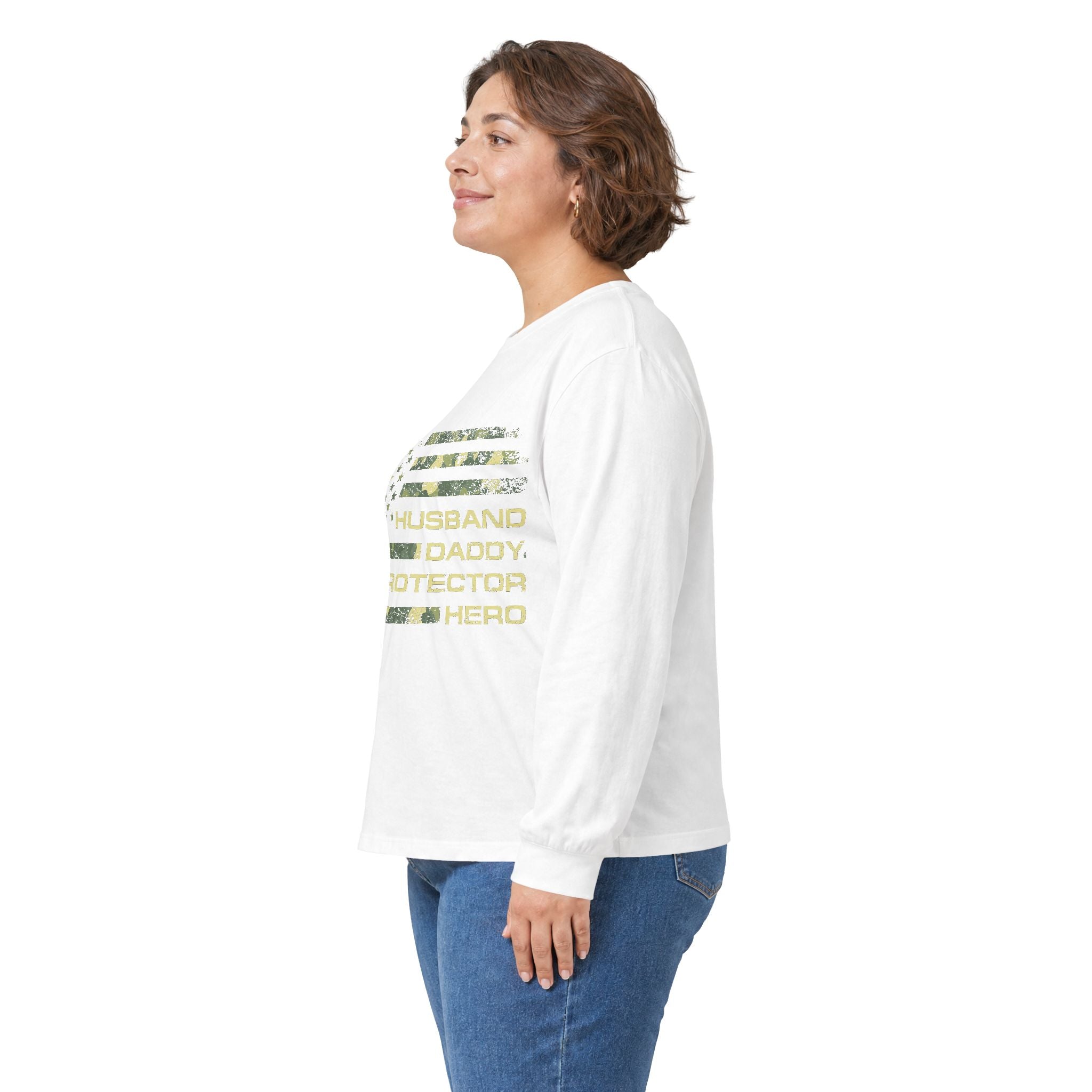 American Flag Camouflage 'Husband Daddy Protector Hero' Long Sleeve Tee