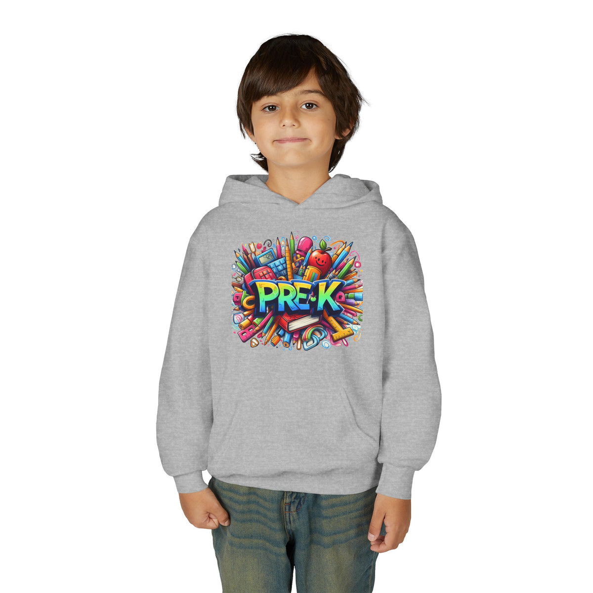 Pre-K Kids Hoodie - Colorful School Supplies Design, Preschool Back-to-School Sweatshirt