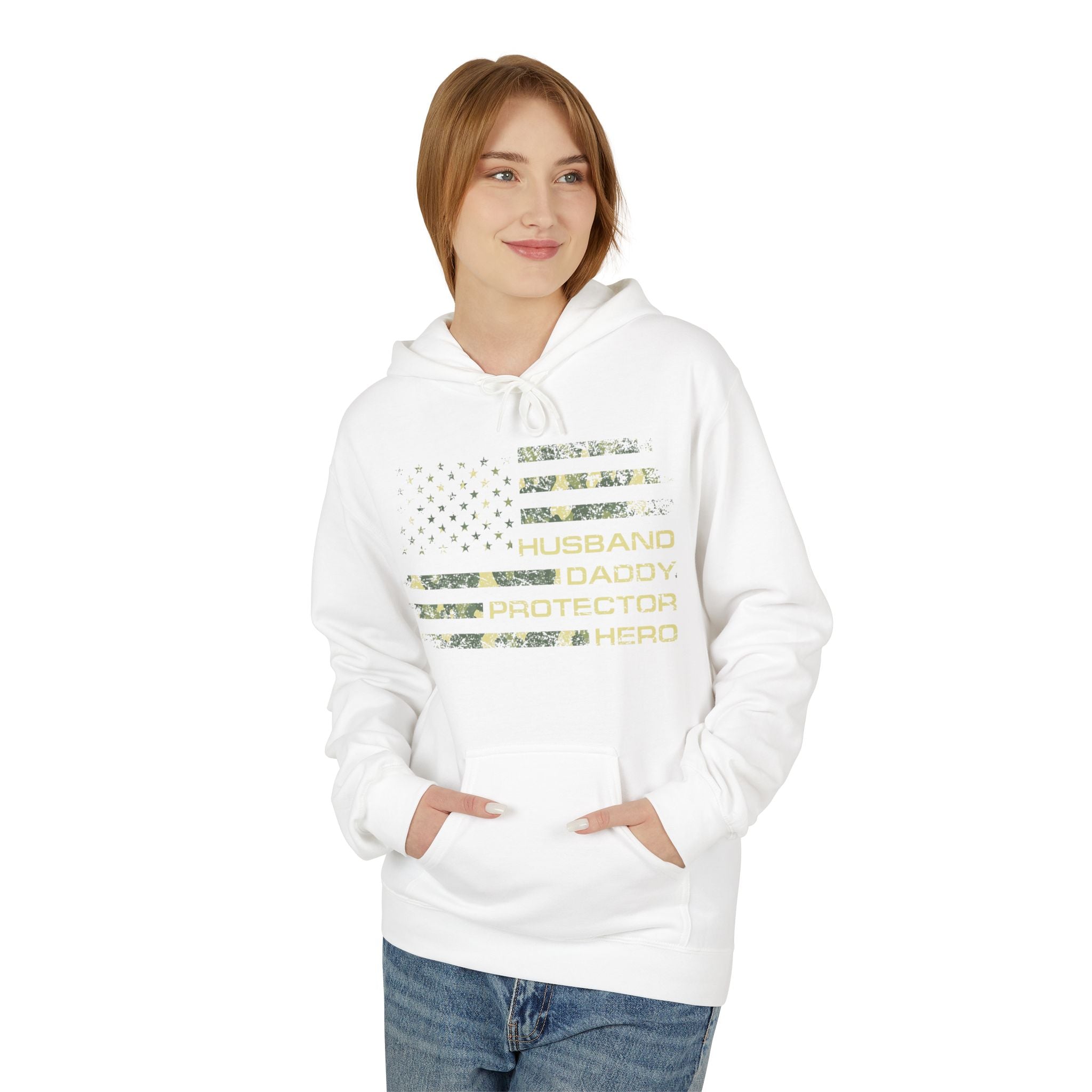 Veteran Tribute Flag Hoodie – 'Husband Daddy Protector Hero' Camouflage Pullover