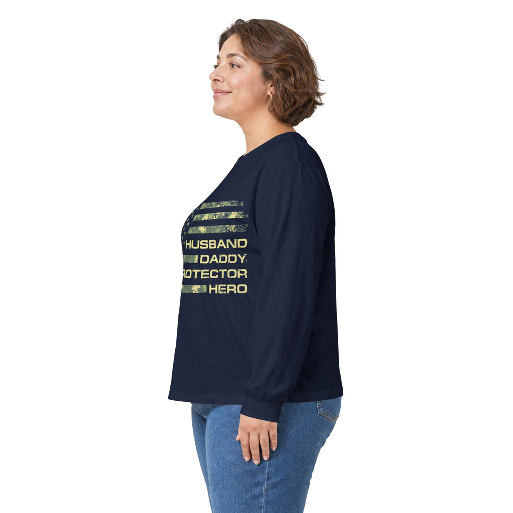 American Flag Camouflage 'Husband Daddy Protector Hero' Long Sleeve Tee