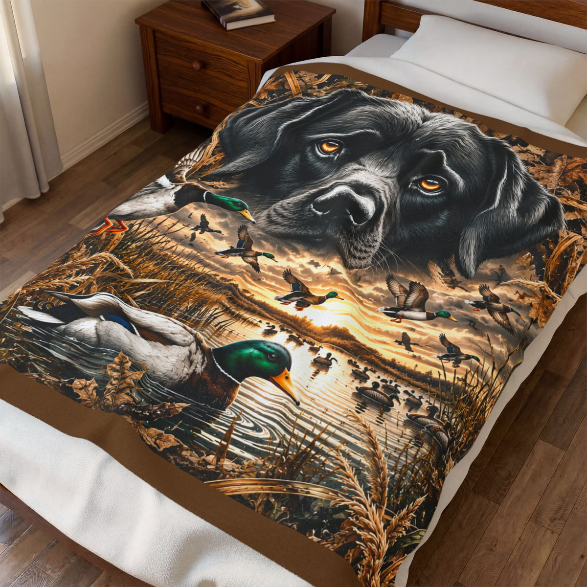 Duck Hunting Labrador Velveteen Plush Blanket — Cozy Waterfowl Scene for Hunters & Dog Lovers