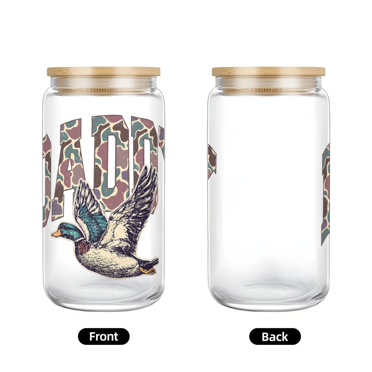 Glass Tumbler with Straw  Bamboo Lid  (16oz) Mama Hunting Dad Deer Camouflage Camo Waterfowl Deer Camo Men TShirt Mallard Duck Hunting Dad Retro Camouflage Daddy Father's Day TShirt